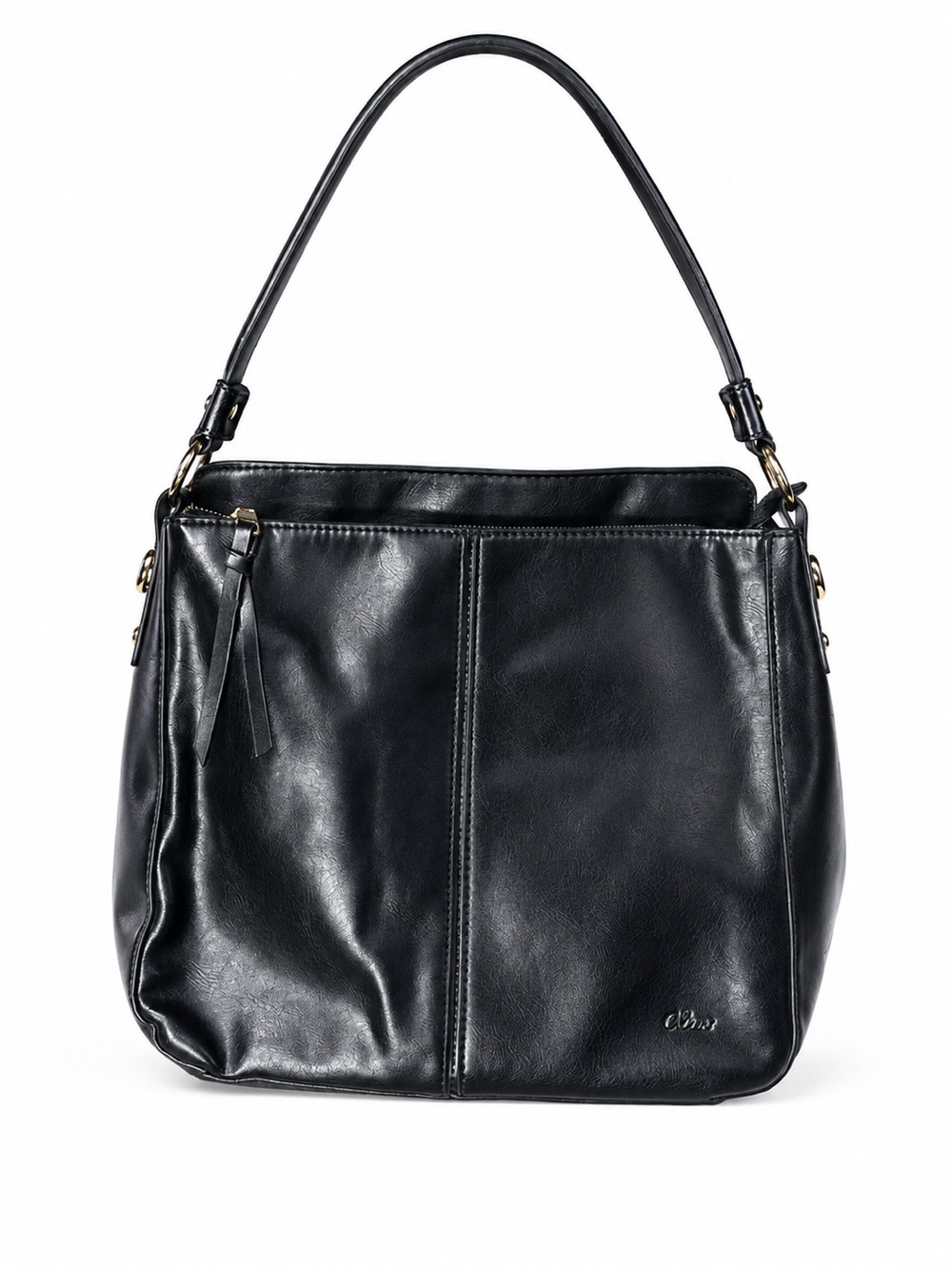 Title: Black Faux Leather Shoulder Bag Gold Tone Hardware Large Hobo Purse